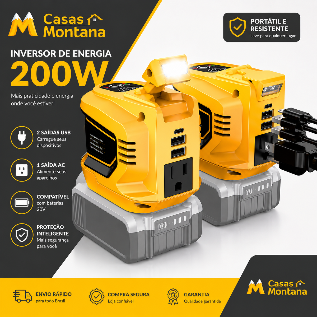 Inversor de Energia 200W para Eletrodomésticos – USB, Tipo-C e Luz LED