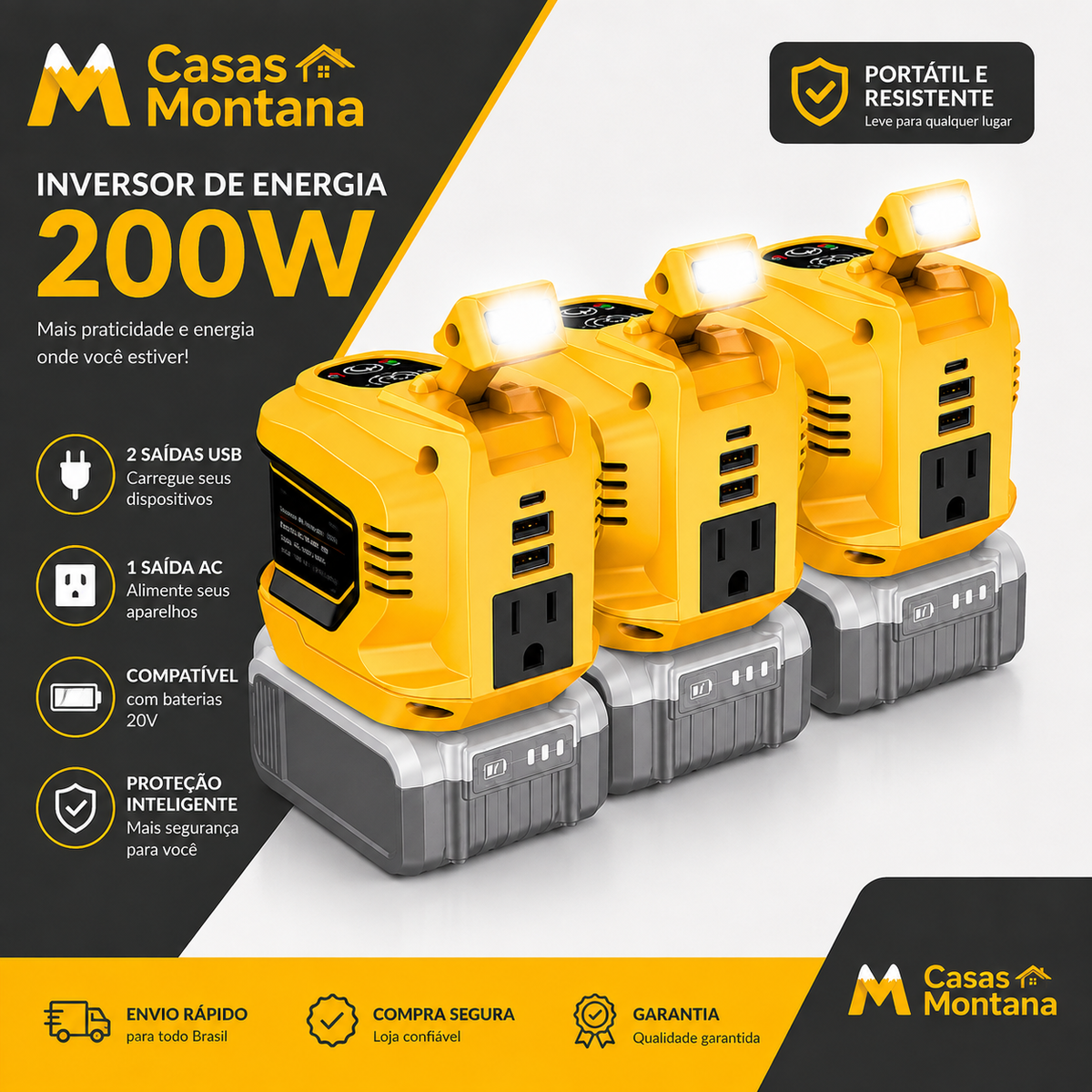 Inversor de Energia 200W para Eletrodomésticos – USB, Tipo-C e Luz LED