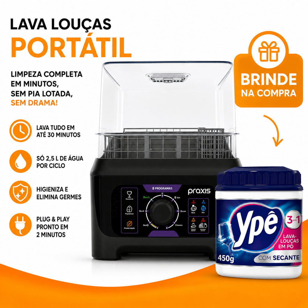 Lava Louça Portátil Premium + Ypê Detergente em Pó para Máquina 450g